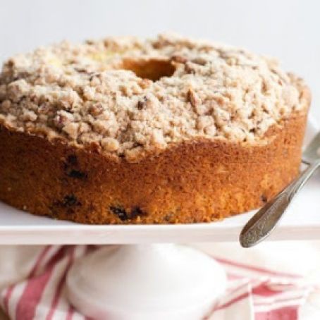 Brown Butter-Bourbon-Cherry Coffee Cake with Pecan Streusel